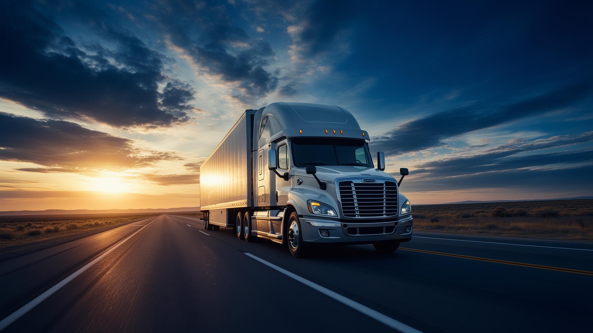 PTS semi-truck on the highway at golden hour